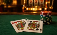 Två knektar och en hög med spelmarker på ett grönt pokerbord