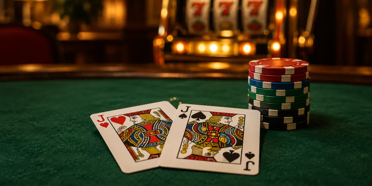 Två knektar och en hög med spelmarker på ett grönt pokerbord
